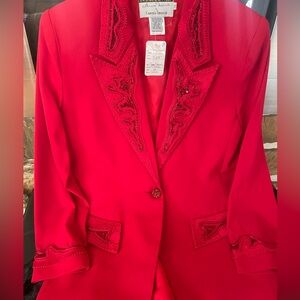 Elegant Red Women's Blazer with sequin collar, lapel, cuff, and pocket flap.